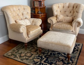 2 Oversized Comfy Sheridan Wing Back Chairs With Ottoman