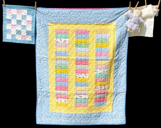 2 Colorful Quilts  With Stuffed Pigs, Pillow, And Pigs Blanket By Artist Ann Modahl