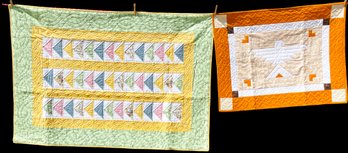 Native American Image Quilt Along With Colorful Pattern Quilt By Artist Ann Modahl