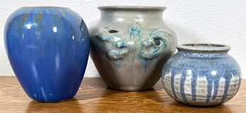 3 Art Pottery Vases In Earthy Blue Glazes.