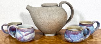 Unique Textured Clay Pottery Teapot With 4 Handmade Mugs Signed By Taos Artist