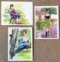 3 Original Julia Jordan Watercolor Paintings On Paper- Brunette Girl In Spring