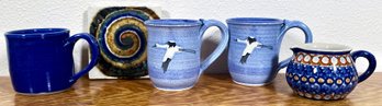 3 Art Pottery Mugs, A Creamer & Small Tile Trivet