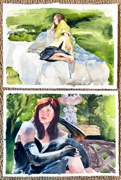 2 Original Julia Jordan Watercolor Paintings On Paper- Girls In The Garden