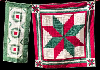 2 Larger Sized Quilts With Green And Red Patterns By Artist Ann Modahl