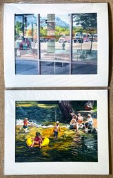 2 Large Original Julia Jordan Watercolors- 'Window' And 'Bathers'