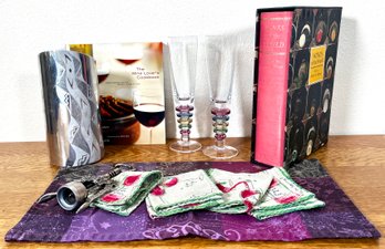 Nambe Wine Holder With Block Crystal Carnival Wine Glasses, Wine Books, Corkscrew, & More