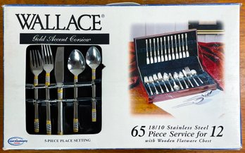 Wallace Silversmiths Gold Accent Corsica 65 Piece Stainless Steel Flatware For 12 With Wooden Chest