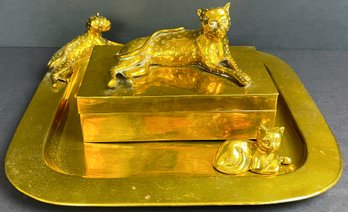 Vintage Brass Jaguar Trinket Box, Tray & Cat