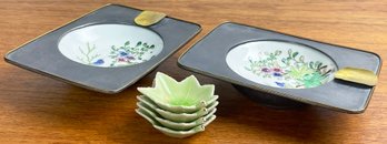 Pair Of Vintage Japanese Painted Porcelain Ashtrays & 4 Mini Leaf Dishes