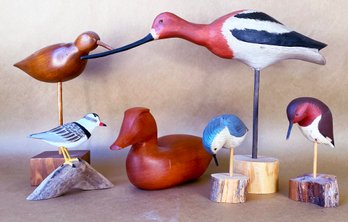6 Wood Bird Figurines