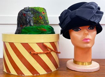 2 Vintage Ladies' Hats - Elegant Velvet & Peacock, With Box