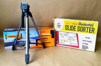 Trikon Camera Tri-pod And Vintage E-Z View Slide Sorter