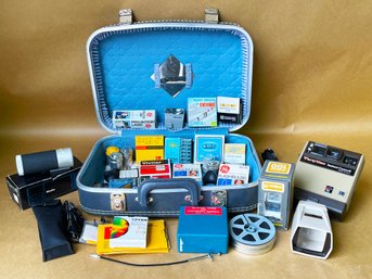 Small Vintage Suitcase Full Of Camera Supplies Including Party-time Instant Camera,