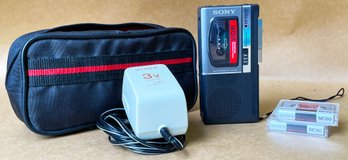 Sony Voice Recorder With Plug, Tapes And Case. Plugged In & Appears To Work