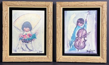 Pair Of Framed De Grazia Angel Prints - 'flower Boy' & 'angel Music'