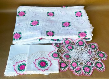 Gorgeous Floral Crocheted Dollies, Pillowcases, And Coverlets