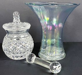 Waterford Crystal Honey Jar, Vintage Glass Knife Holder & 1909 Imperial Glass Iridescent Carnival Glass Vase