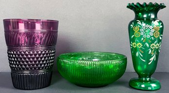Vintage Depression Glass Bowl & 2 Vases Including E.O. Brody Co.