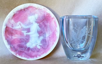 Strombergshyttan Sweden Etched Glass Vase & Incolay Stone Marble Small Dish