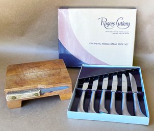 Rogers Cutlery 6 Pistol Handle Steak Knives & Small Charcuterie Board With Magnetic Knife