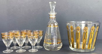 Mid Century Art Deco Style Decanter With Aperitif Glasses & Glass Ice Bucket