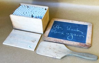 Vintage Small Blackboard With Woode Spatula And Wood Box Filled With White Chalk