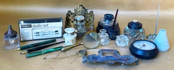Collection Of Vintage Pens, Spectacles, Ink Wells, Compass, Clock, & Desk Accessories
