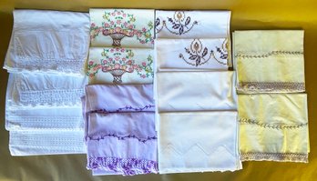 6 Pairs Of  Vintage Embroidered Pillowcases