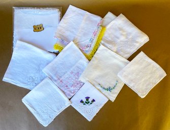 11 Embroidered Handkerchiefs,  4 New In Factory Sealed Bag