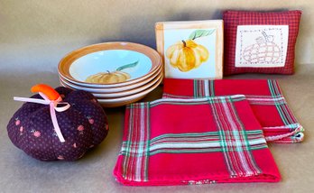 Fall Themed Bowls (4), Pillow, Stuffed Pumpkin And 2 Lenox Plaid Napkins
