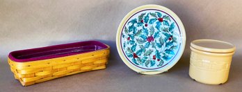 LONGABERGER Ceramic Pot With Ceramic Coaster, Basket, & Christmas Plate