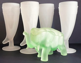 4 Frosted Glass Viking Horn Beer Stein Mugs & Indiana Glass Green Frosted Glass Elephant Trinket Box