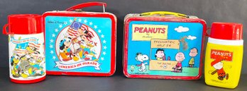 2 Vintage Metal Lunchboxes & Matching Thermoses - Peanuts And Disney