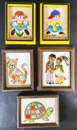 5 Cute Framed Vintage Needlepoints