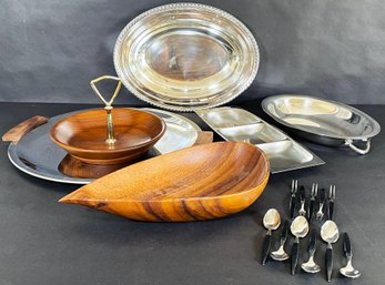 Vintage Mid Century Chrome & Wood Serving Ware