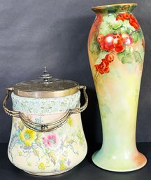 Vintage W&R Carlton Ware Biscuit Barrel & JP France Hand Painted Vase