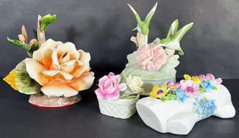 4 Porcelain Flower Figures Including Musical Hummingbirds & Fine Bone China