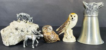 Misc. Vintage Forest Creatures Including Goebel Owl & Wolf Stirrup Cup