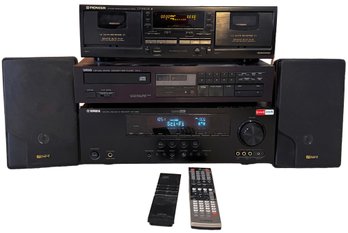 Yamaha Home Theater Receiver, Yamaha CD Player, Pioneer Double Cassette Deck, & 2 Advent Speakers