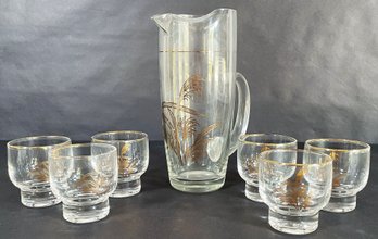 Vintage Mid Century Wheat Motif Pitcher & 6 Small Glasses