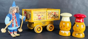 Whimsical Vintage Wooden Salt & Pepper Shakers, Painted Gnome Cart, & Scandinavian Nordic Skiier