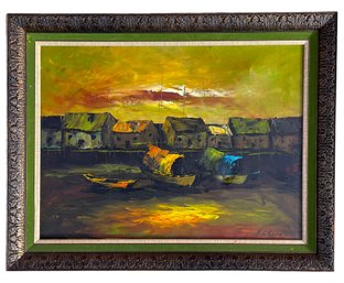 Striking Waterfront Village Oil Painting Signed By Artist