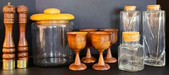 Wood & Glass Kitchenware Including Black Walnut Goblets