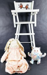 Adorable Vintage Doll High Chair With Owl Motif & 2 Easter Bunnies