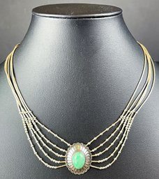 Beautiful Multistrand Liquid Silver Necklace With Green Stone Set In Sterling