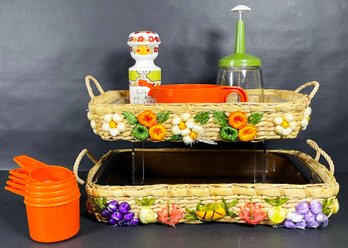 Colorfun Vintage Kitchen Including Glass Bakeware In Decorative Woven Covers, Tupperware Measuring Cups, & Mor