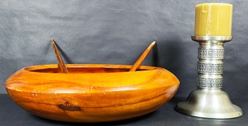 Vintage Faircrafts Wood Bowl With Utensils And Fun Mid Century Haugrud Norway Pewter Candle Holder