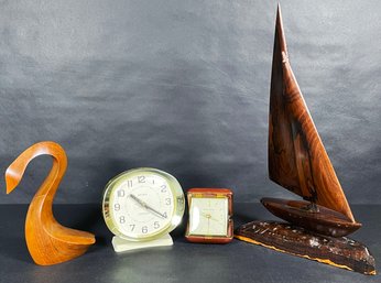 Mid Century Clocks With Wood Sculptures