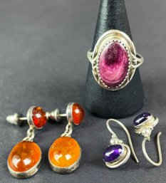 Signed Sterling Ring With Purple Stone & 2 Pairs Earrings